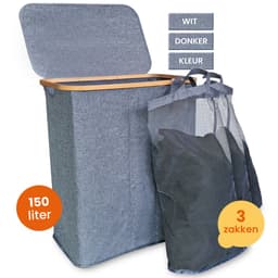 Goliving Wassorteerder 3 Vakken - 150L - Opvouwbare Wasmand Met Deksel - 3 Uitneembare Zakken Met Kleurlabels - 57 x 37 x 66 cm - Grijs — thumbnail 1