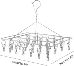 RVS kledingdroogrek met 20 clips - Draaibare hanger voor ondergoeddroger - Met winddichte haken - Geschikt voor handdoeken, bh's, handschoenen en babykleding - Geschikt voor binnen- en buitengebruik - Zilver — thumbnail 2