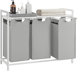 VASAGLE Wasmand 3 vakken, wasmand met plank, wasbox, waszak van uittrekbaar verwijderbare Oxford-stof, metalen frame, 3 x 38 L, 92,5 x 33 x 72 cm, duifgrijs — thumbnail 1
