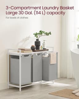 VASAGLE Wasmand 3 vakken, wasmand met plank, wasbox, waszak van uittrekbaar verwijderbare Oxford-stof, metalen frame, 3 x 38 L, 92,5 x 33 x 72 cm, duifgrijs — thumbnail 3