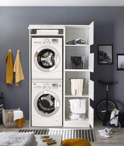 Wasmachine kast en wasmand kast - Wasmachine kast en droger kast - Wasmachine ombouw - Houten wasmachine meubel - Wit — thumbnail 3