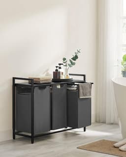 Wasmand Met 3 Vakken, Uittrekbaar Wassorteerder, Afneembaar Waszak, 3 X 38L, 92,5 X 33 X 72 Cm, Zwart-Grijs — thumbnail 3