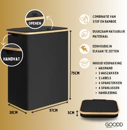 GOODD® - Wasmand - Wasmand 3 vakken - Wasmand met deksel - Wassorteerder - Licht Grijs - 160 Liter — thumbnail 2