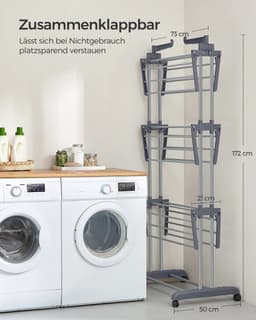 ELYSIVM Wasrek - Droogrek - Droogrek op wielen - Wasrek Toren - Droogtoren 4 Niveaus - Opvouwbare Vleugels met 360° Haken - Verplaatsbaar en Vast Te Zetten - Tot 35 kg - 64 x 126 x 172 cm - Grijs — thumbnail 5