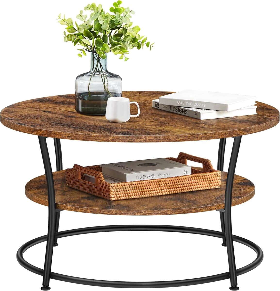 VASAGLE Salontafel rond, Woonkamertafel, Sofatafel met plank, 80 x 45 cm, Gemakkelijke montage, Metaal, Industrieel ontwerp, vintage bruin-zwart LCT80BX — afbeelding 1
