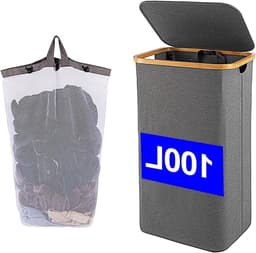 Wasmand met Deksel - Smalle mand - Kleding Opbergen - Verwijderbare Binnenzak - 100 Liter - Grijs — thumbnail 1