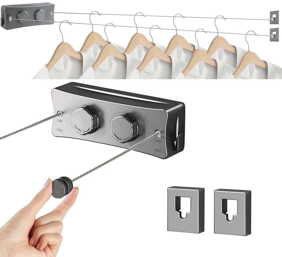 Dailygoods- Waslijn Uittrekbaar 17Ft - Wandmontage - Roestvrij Staal - Ruimtebesparend - Intrekbaar - Premium Materiaal - Drooglijn — afbeelding 1