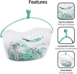 36 Plastic Clothespins with Pen Basket for Clothesline with Hanger Weatherproof Bucket with Drainage Holes | Convenient Laundry Solution | Aqua Blue, Black & Clear Basket — thumbnail 5
