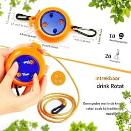 GELLDG Uittrekbare Wäscheleine - 10m Lengte, 70kg Draagvermogen, Roterend Opbergsysteem Zonder Verwarring - Geschikt voor Badkamer, Wasruimte, Tuin en Reizen - Nylon Touw met Kunststof Behuizing - Inclusief 20 Wasknijpers en 10 Bevestigingshaken — thumbnail 5