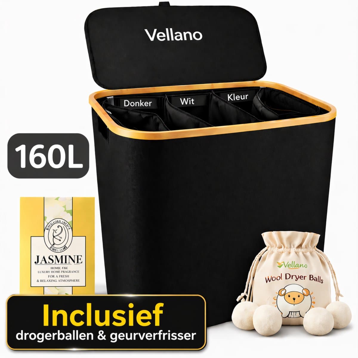 Vellano Wasmand 3 Vakken – Wassorteerder met Deksel – 160L – 3 Uitneembare Waszakken – Bamboe Frame – Incl. Drogerballen & Jasmijn Geurverfrisser — afbeelding 1