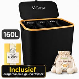 Vellano Wasmand 3 Vakken – Wassorteerder met Deksel – 160L – 3 Uitneembare Waszakken – Bamboe Frame – Incl. Drogerballen & Jasmijn Geurverfrisser — thumbnail 1