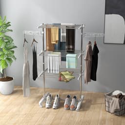 Stendino Verticale Pieghevole in Acciaio e Plastica con 6 Ruote en 3 Ripiani Regolabili, 142x55x172 cm — thumbnail 4