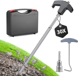 Set 30 zwarte/zilveren 25cm stalen tentpinnen in opbergdoos – compleet met boormachine en spijkertrekker voor camping en harde grond — thumbnail 1