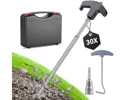 Set 30 zwarte/zilveren 25cm stalen tentpinnen in opbergdoos – compleet met boormachine en spijkertrekker voor camping en harde grond