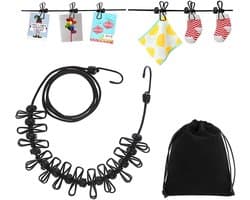 Dailygoods- Waslijn Draagbaar - Oprolbaar - Elastisch - 12 Klemmen - Uittrekbaar 180/360 cm - Lichtgewicht en Compact - Reiswaslijn