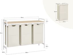 VIEMAE Wasmand - Wasmand 3 vakken - Wasmand met deksel & handgrepen - Wassorteerder - Wasmanden - 96x30x71 cm - 93L - Creme, wit — thumbnail 2