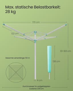 SONGMICS Kleding Luchtbeker In Hoogte Verstelbaar Aluminium Legering Buiten Kleding Luchtbekit met Grond Anker Beschermhoes Wasknijpers Zilver Groen 50m Waslijn 5 Ladingen LLR301E01V1 — thumbnail 5