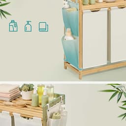 Wasmand vuile was sorteermand opbergmand 94×33×78 cm naturel houtkleur + beige 150L grote capaciteit 3 vakken met afneembare binnenvoering, opbergrek en zijvak stevig en duurzaam bamboeframe geschikt voor badkamer, wasruimte en slaapkamer — thumbnail 5