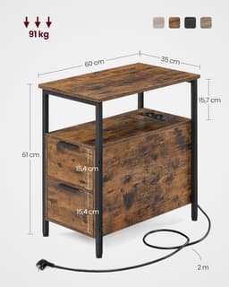 VASAGLE Bijzettafel, nachtkastje met stekkerdoos, 2 laden, salontafel, nachtkastje voor woonkamer, slaapkamer, vintage bruin-klassiek zwart LET325B01 — thumbnail 2