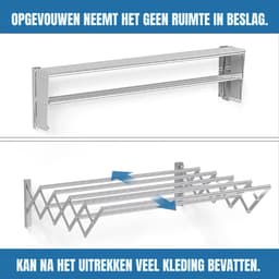 Aurixi® Wanddroogrek Inklapbaar - Wanddroogrek - Zilver ‎- 10cm x 42cm x 15cm — thumbnail 3
