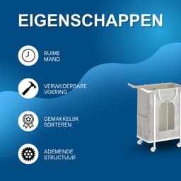 Waskorf – Voor Woonkamer & Badkamer – Rollende Waskorf met 2 Compartimenten en Afneembare Hangzak – Beige — thumbnail 5