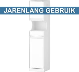 Badkamerkast – Voor Badkamer – Hoge Kast met Wasmand, Vouwbare Waszak, Deur en Lade – Wit — thumbnail 3