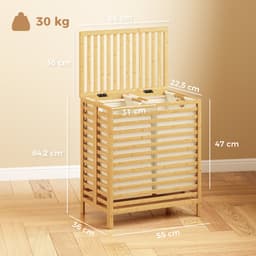 HOMCOM Wasmand-Bamboe, Polyester-55L x 36B x 64,2H cm-Natuurlijk hout + Crèmewit — thumbnail 5