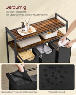 Jensaro Wasmand 3 Waszakken - Wasorganizer - 2 Planken 3 Vakken - 3x40 Liter - 92.5x92x33 cm - Bruin Zwart - Was sorteerder — thumbnail 3