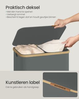 SONGMICS Wasmand met deksel, wasverzamelaar, wassorteerder, waszak afneembaar, bamboeframe, voor bijkeuken, slaapkamer, 2 vakken, 150 liter, leigrijs LCB532GN01 — thumbnail 3