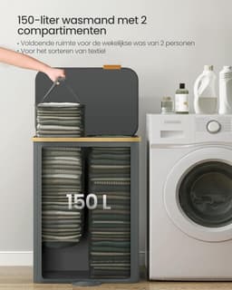 SONGMICS Wasmand met deksel, wasverzamelaar, wassorteerder, waszak afneembaar, bamboeframe, voor bijkeuken, slaapkamer, 2 vakken, 150 liter, leigrijs LCB532GN01 — thumbnail 4