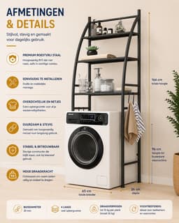 MeubelsvanJoep wasmachine ombouw rek zwart 166 x 65 x 25 cm - Wasmachine rek met opbergruimte zwart - Wasmachine rek bovenlader zwart - Wasmachine rek voorlader zwart - Toilet kast - Wc meubel - Wc kast — thumbnail 4