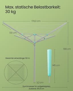 SONGMICS wasspin, wasrek, draaibar, opvouwbaar, buiten, tuin, met wasklemmen, beschermhoes, zilver, 60 m waslijn, voor 6 wasbeurten LLR308EZ01 — thumbnail 1