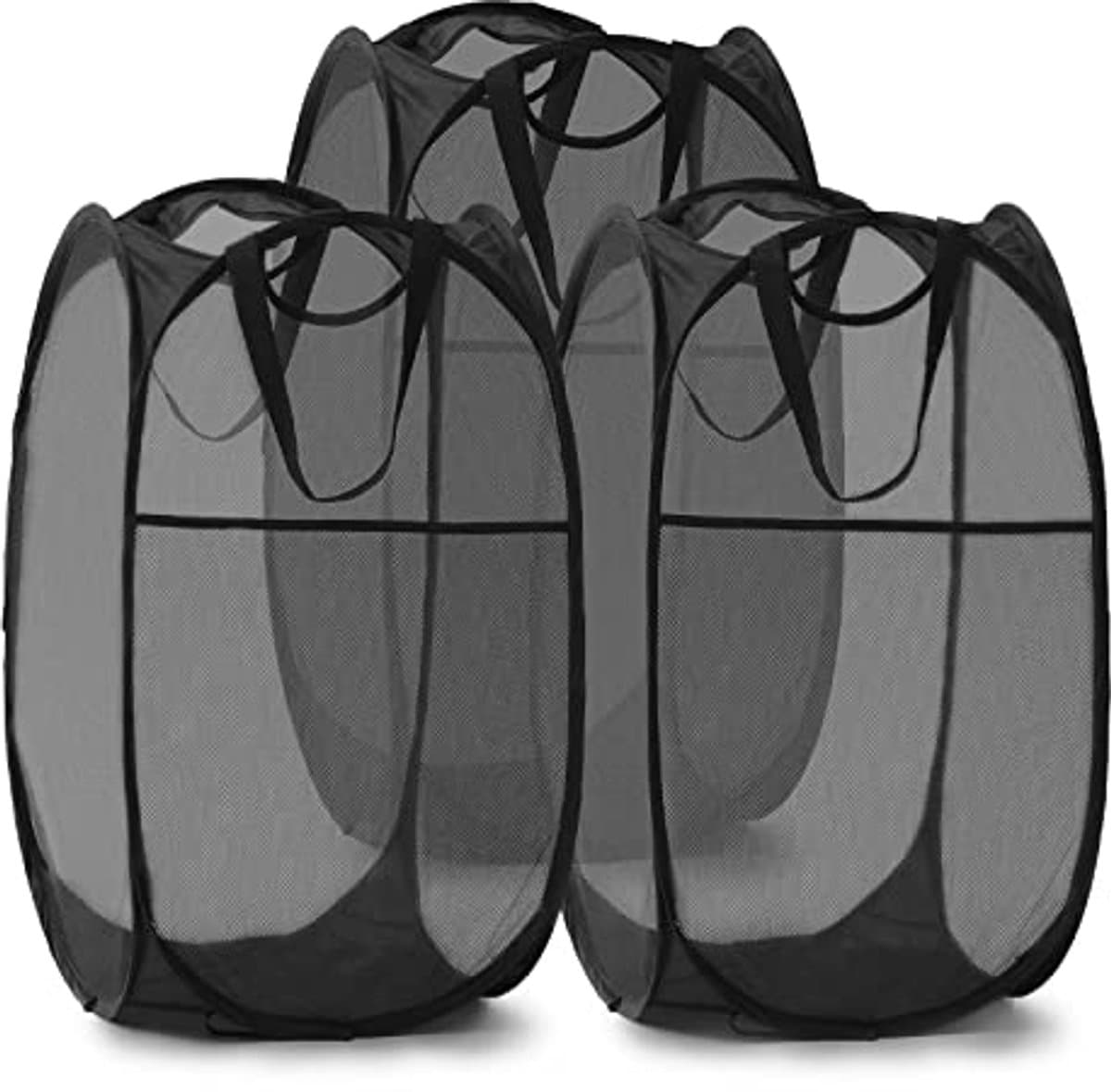 Wasmand - 3 stuks - Opvouwbare wasmand – Pop-up wasmand - Inklapbare pop-up wasmand van gaas - Voorzien van stevige handgrepen en zijvak - Draagbare, opvouwbare mand voor studentenkamers, badkamers en op reis - Zwart — afbeelding 1