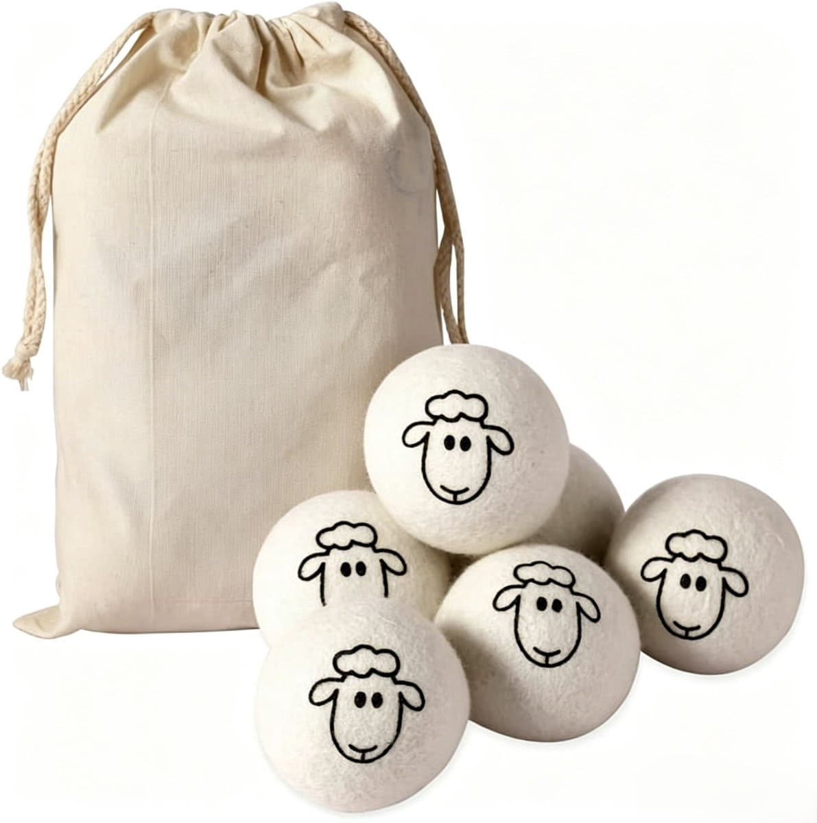 Set van 6 Wollen Drogerballen - XXL Diameter 8 cm - 100% Natuurlijke Schapenwol - Met Schaapjes Print - Inclusief Katoenen Opbergzak - Duurzame Wasverzachter — afbeelding 1