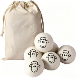 Set van 6 Wollen Drogerballen - XXL Diameter 8 cm - 100% Natuurlijke Schapenwol - Met Schaapjes Print - Inclusief Katoenen Opbergzak - Duurzame Wasverzachter — thumbnail 1