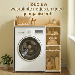 Wasmachine ombouw - Kast - Opbouwmeubel - Verhoger - Wasmachine meubel - Opbergkast - MDF - 93,5 B x 60 D x 100 H cm - Wit + Natuurlijk hout — thumbnail 3