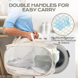 Set van 2 - Opvouwbare wasmand - Wasmand voor kleding - Wasmand voor vuile was - Gaasontwerp - Afmetingen: 34 x 34 x 60 cm - Met handvat - Geschikt voor badkamer, slaapkamer, studentenkamer, op reis en thuis - Beige — thumbnail 3