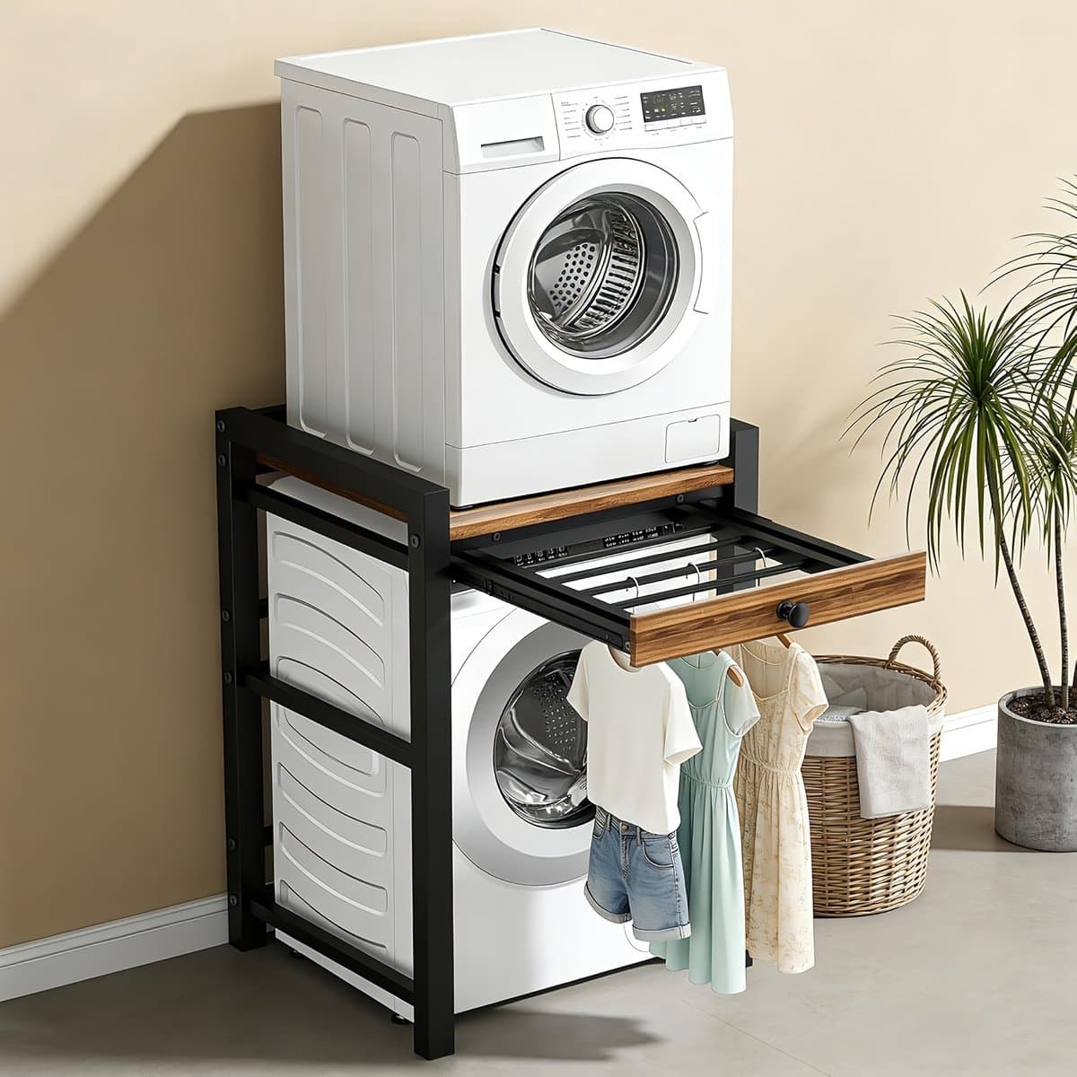 Wasmachinekast met uittrekbare handdoekenrek - Wasmachine/droger combo, met een plank boven de wasmachine, 300 kg laadvermogen, 75 x 65 x 104 cm, zwart — afbeelding 1
