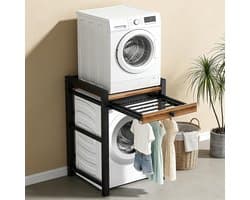 Wasmachinekast met uittrekbare handdoekenrek - Wasmachine/droger combo, met een plank boven de wasmachine, 300 kg laadvermogen, 75 x 65 x 104 cm, zwart