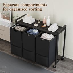 Wasmand met 3 uittrekbare oxfordzakken, legplank, metalen frame en wieltjes, Grijs 84x30x76,5cm, verrijdbaar voor badkamer en slaapkamer — thumbnail 3