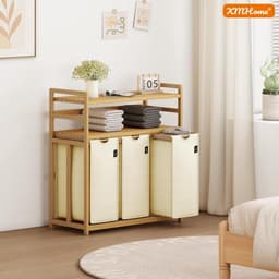 Wasmand met 3 vakken - Sorteren Kleding - Huishoudelijk Organiseren - Dubbele etage ontwerp - 148 Liter - Beige — thumbnail 5