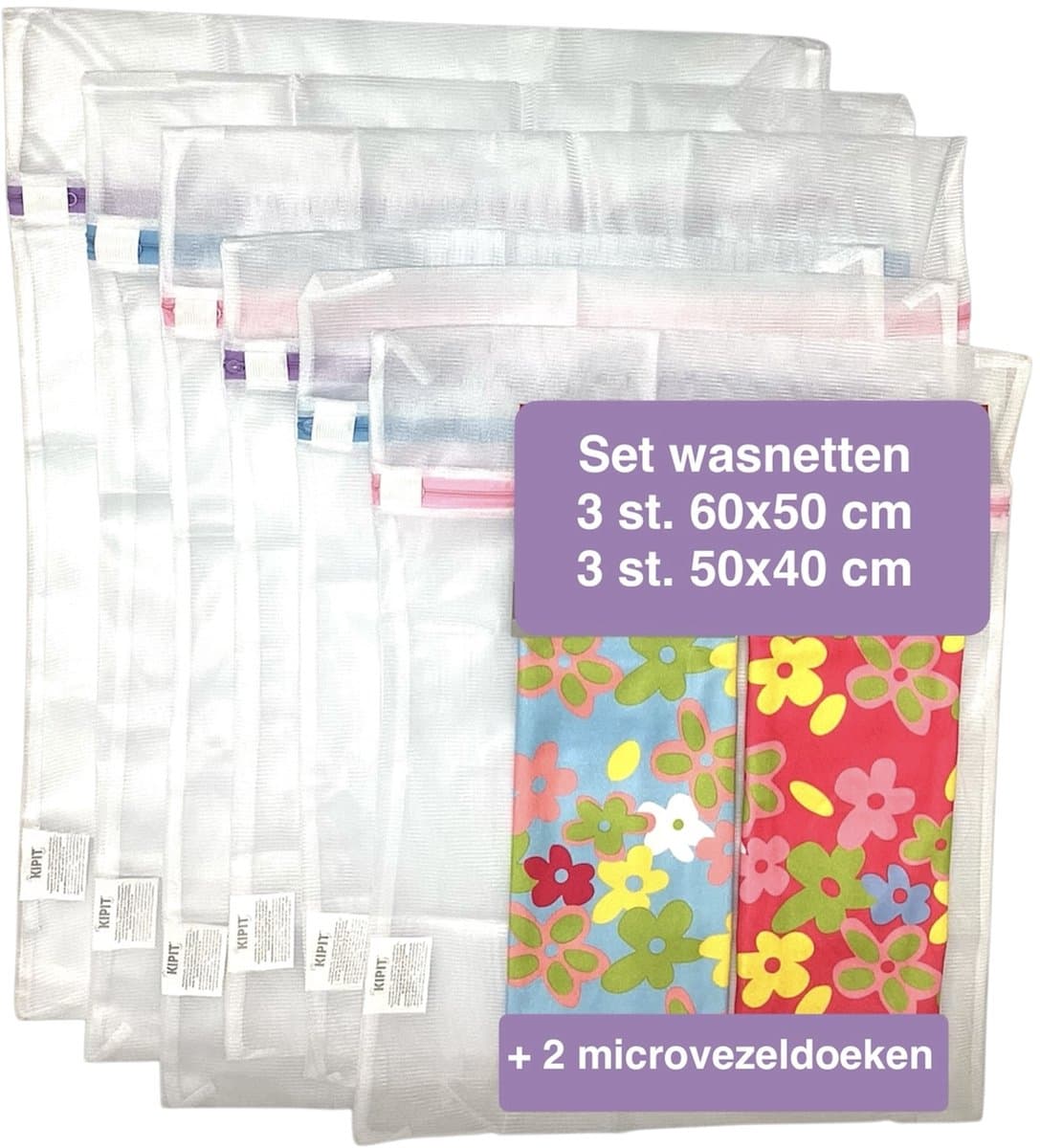 Waszakken Wasnetten met rits 6 stuks - microvezeldoeken 2 stuks - Wit - Roze - Blauw - Paars - 50 x 40 cm - Inclusief verzenden - Ritssluiting - Wasnetjes - Washing Bag - Waszakken - Wasnetje bh lingerie - Wasnetten - Transparant - 100% polyester — afbeelding 1
