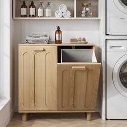 Pugsdrly Kantelbare wasmand met uitneembare wasmand, verborgen wasmand, opbergkast voor de badkamer, vrijstaande opbergrek voor thuis, eikenkleur — thumbnail 1