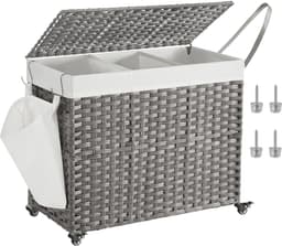 SONGMICS - Wasmand - Wassorteerder - Met Deksel - 3 Vakken - Uitneembare Waszak - Wielen - 150L+10L — thumbnail 5