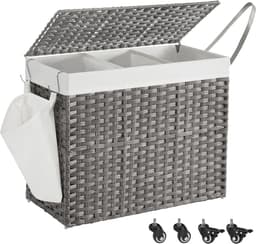 SONGMICS - Wasmand - Wassorteerder - Met Deksel - 3 Vakken - Uitneembare Waszak - Wielen - 150L+10L — thumbnail 1