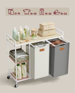 VASAGLE - Wasmand - Wassorteerder - Met 2 Vakken - 100 L wasmand - Met Wieltjes en Afneembare Tassen — thumbnail 5