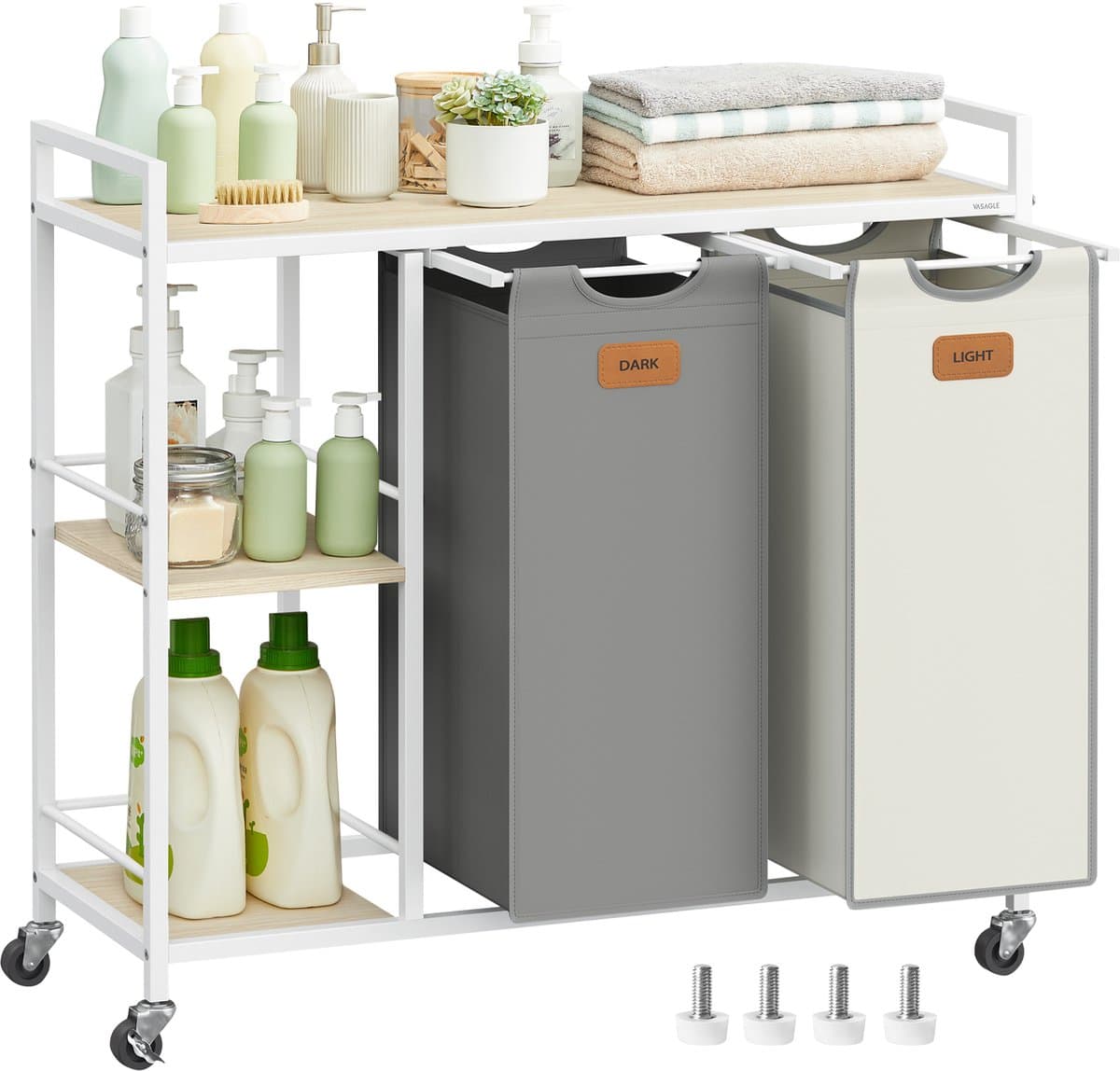 VASAGLE - Wasmand - Wassorteerder - Met 2 Vakken - 100 L wasmand - Met Wieltjes en Afneembare Tassen — afbeelding 1