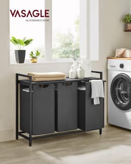 VASAGLE Wasmand 3 compartimenten, wasverzamelaar met plank, wasbox, Oxford-stof verwijderbaar metalen frame, 3 x 38 L, 92,5 x 33 x 72 cm, zwart-grijs BLH301G01 — thumbnail 5