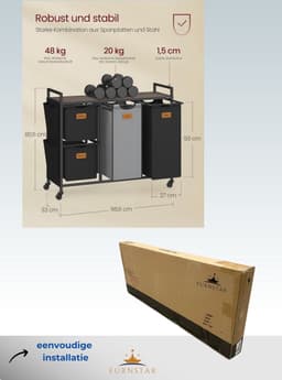FurnStar - Wasmand 4 vakken - Wasverzamelaar 150 l - Wassorteerder - Waswagen met plank - Waszak - Kleine zijzakken - 6 etiketten - 98.6 x 33 x 80.5 cm - Kastanjebruin-Inktzwart-Duifgrijs — thumbnail 2