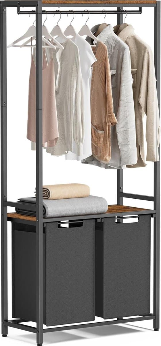 MIRA Home Wasmand met Kledingrek - Wassorteerder 2 Vakken 2x46 Liter - Zwart/Bruin - 73x33x177 cm — afbeelding 1